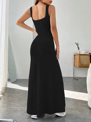 Ribbed Knit Square Neck Sleeveless Maxi Dress