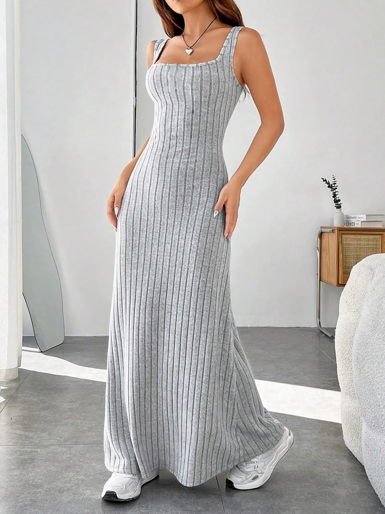 Ribbed Knit Square Neck Sleeveless Maxi Dress