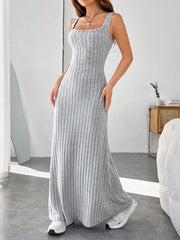 Ribbed Knit Square Neck Sleeveless Maxi Dress