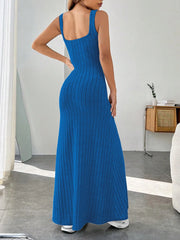 Ribbed Knit Square Neck Sleeveless Maxi Dress