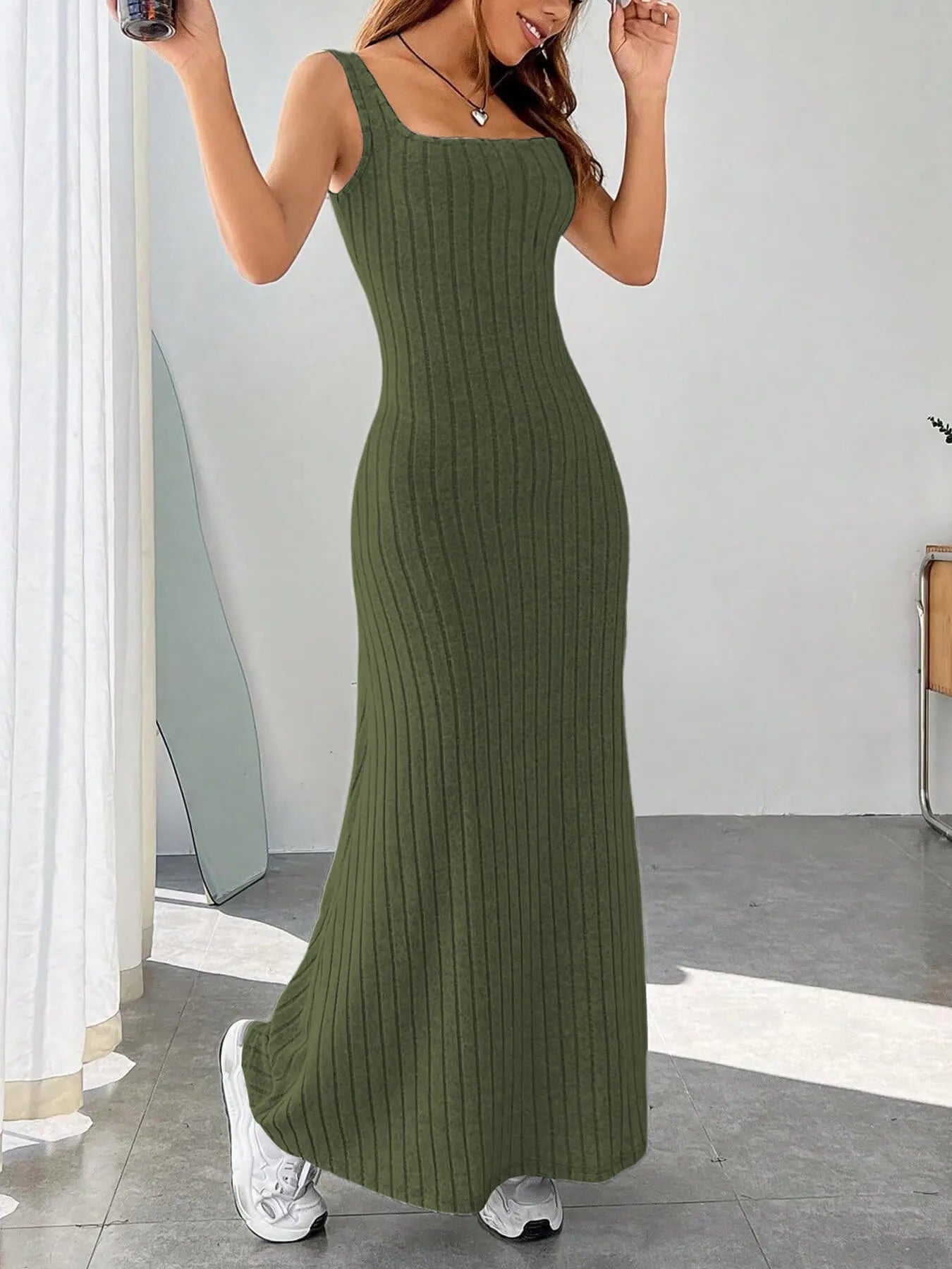 Ribbed Knit Square Neck Sleeveless Maxi Dress