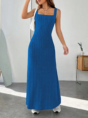 Ribbed Knit Square Neck Sleeveless Maxi Dress