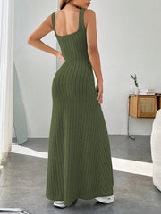 Ribbed Knit Square Neck Sleeveless Maxi Dress