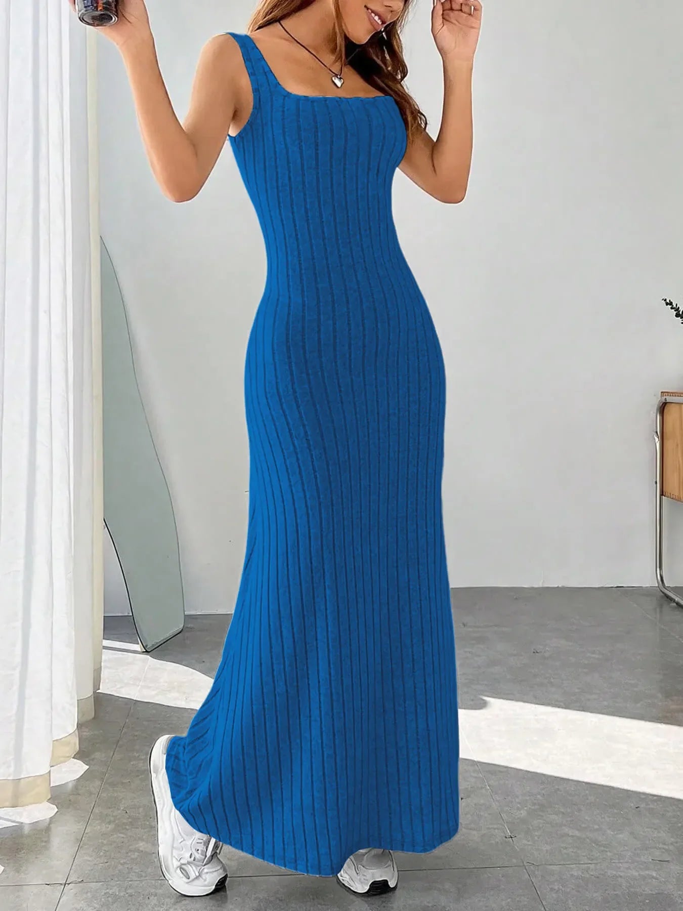 Ribbed Knit Square Neck Sleeveless Maxi Dress