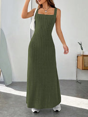 Ribbed Knit Square Neck Sleeveless Maxi Dress Army Green / S