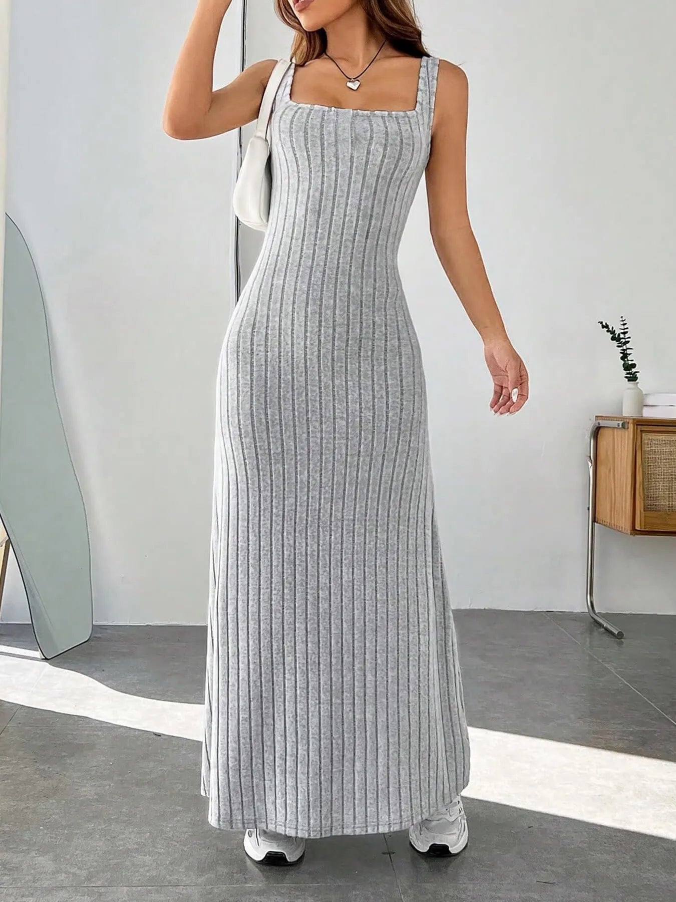Ribbed Knit Square Neck Sleeveless Maxi Dress Light Gray / S