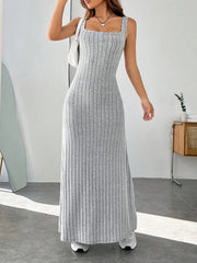 Ribbed Knit Square Neck Sleeveless Maxi Dress Light Gray / S