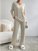 Ribbed Knit V-Neck Top and Pants Lounge Set Tan / S