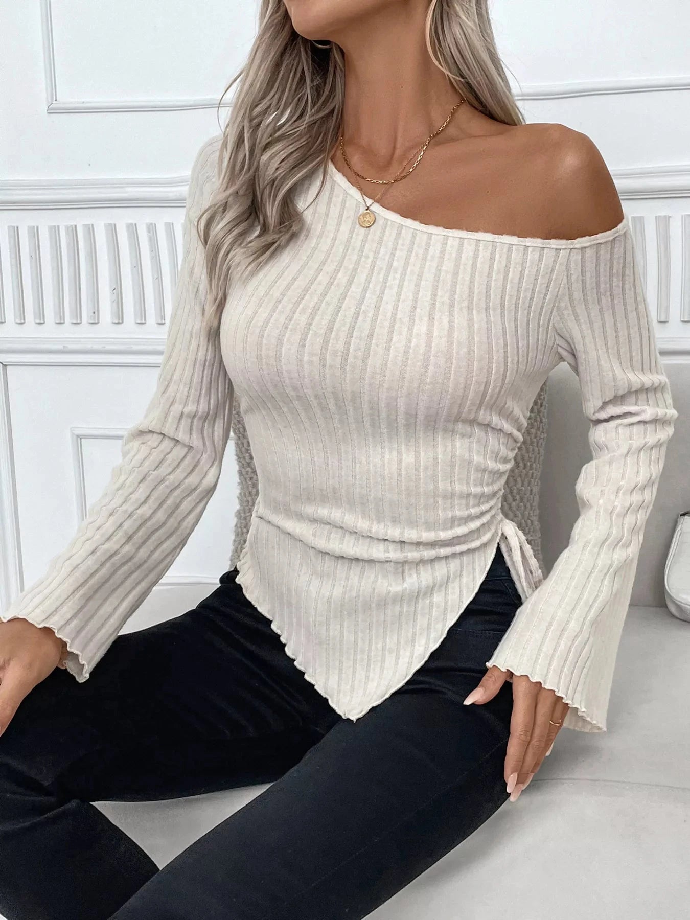 Ribbed One Shoulder Asymmetrical Hem T-Shirt