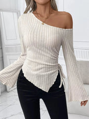 Ribbed One Shoulder Asymmetrical Hem T-Shirt Apricot / S