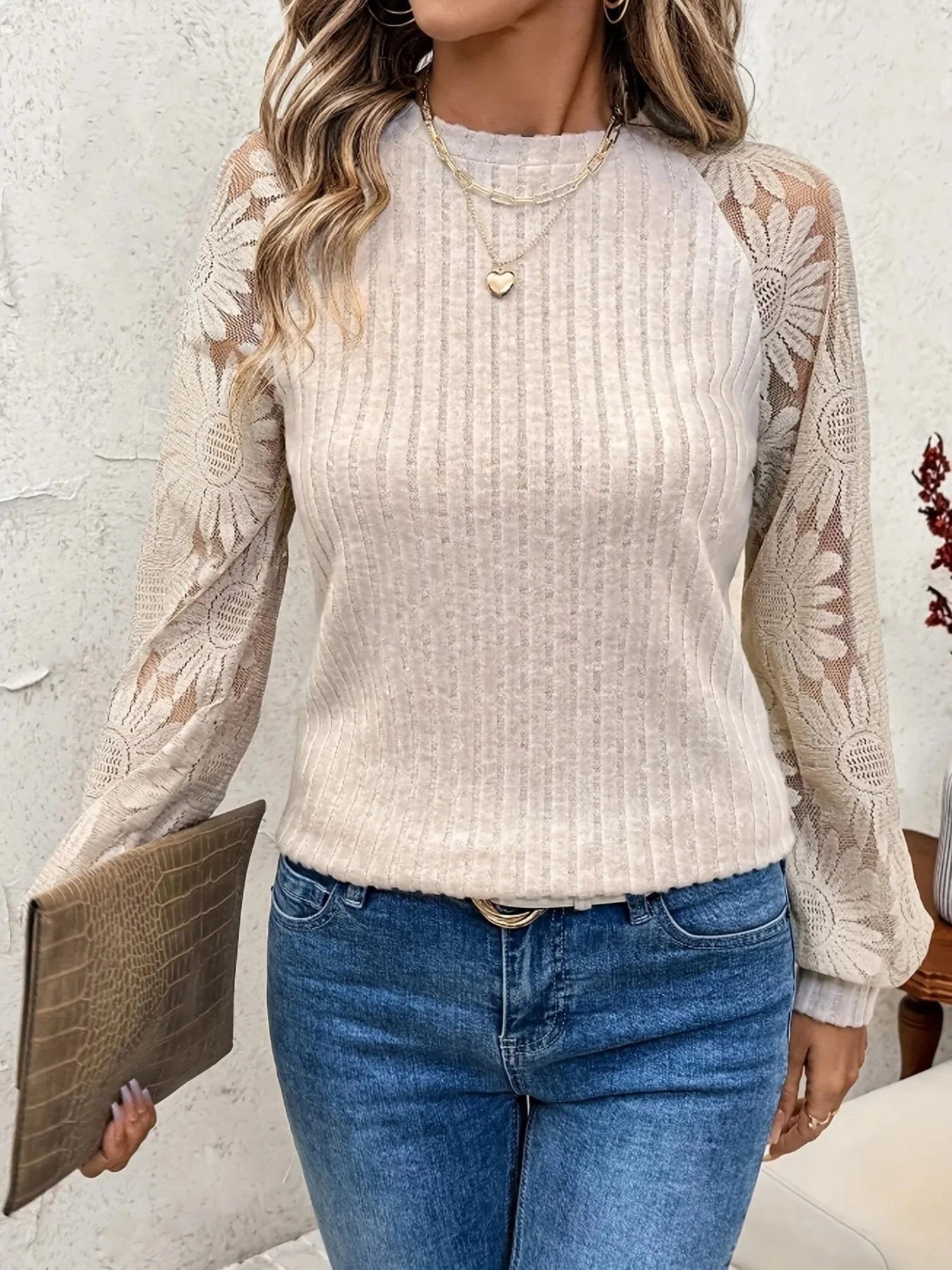 Ribbed Sheer Lace Sleeve Top