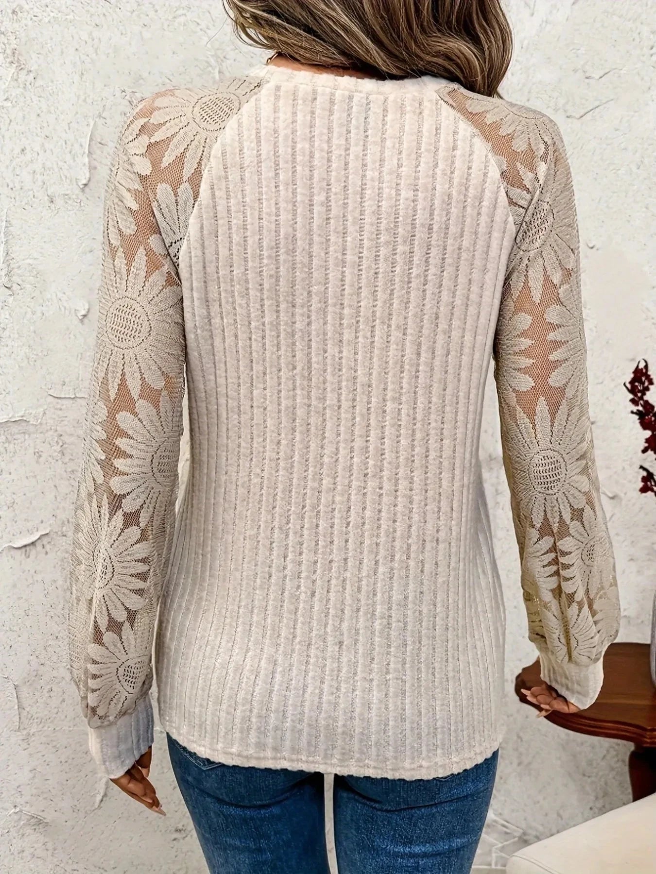 Ribbed Sheer Lace Sleeve Top