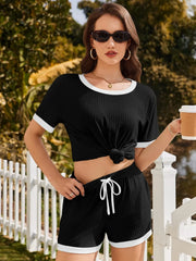 Ribbed Short Sleeve Top and Shorts Set Black / S
