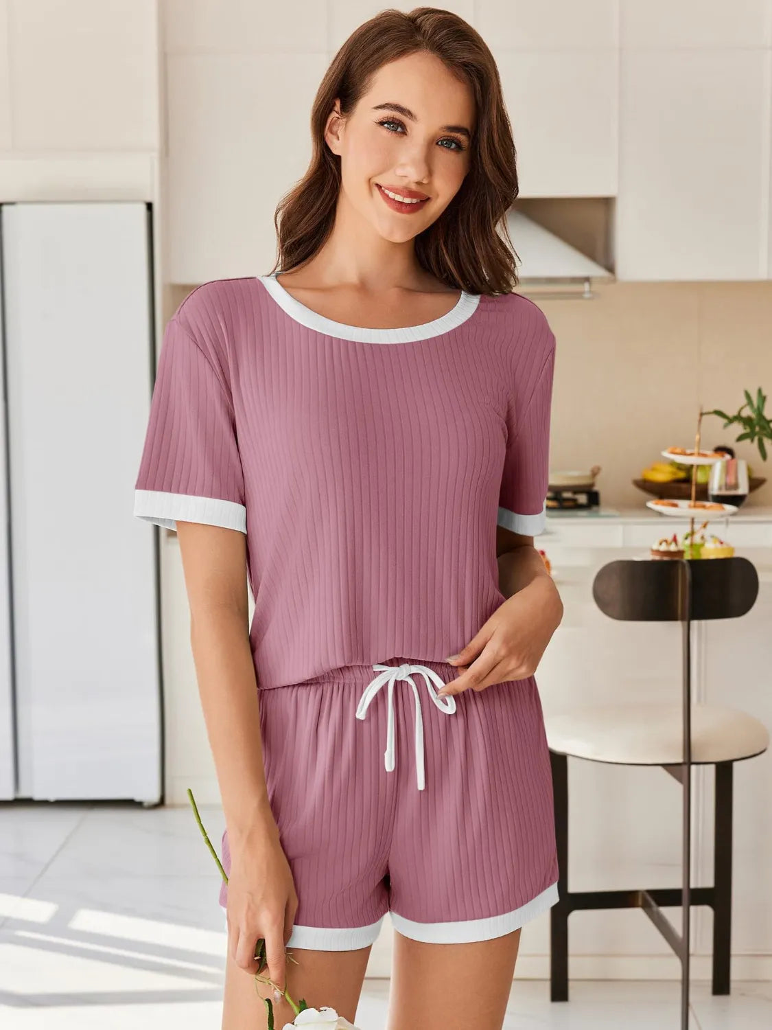 Ribbed Short Sleeve Top and Shorts Set Dusty Pink / S