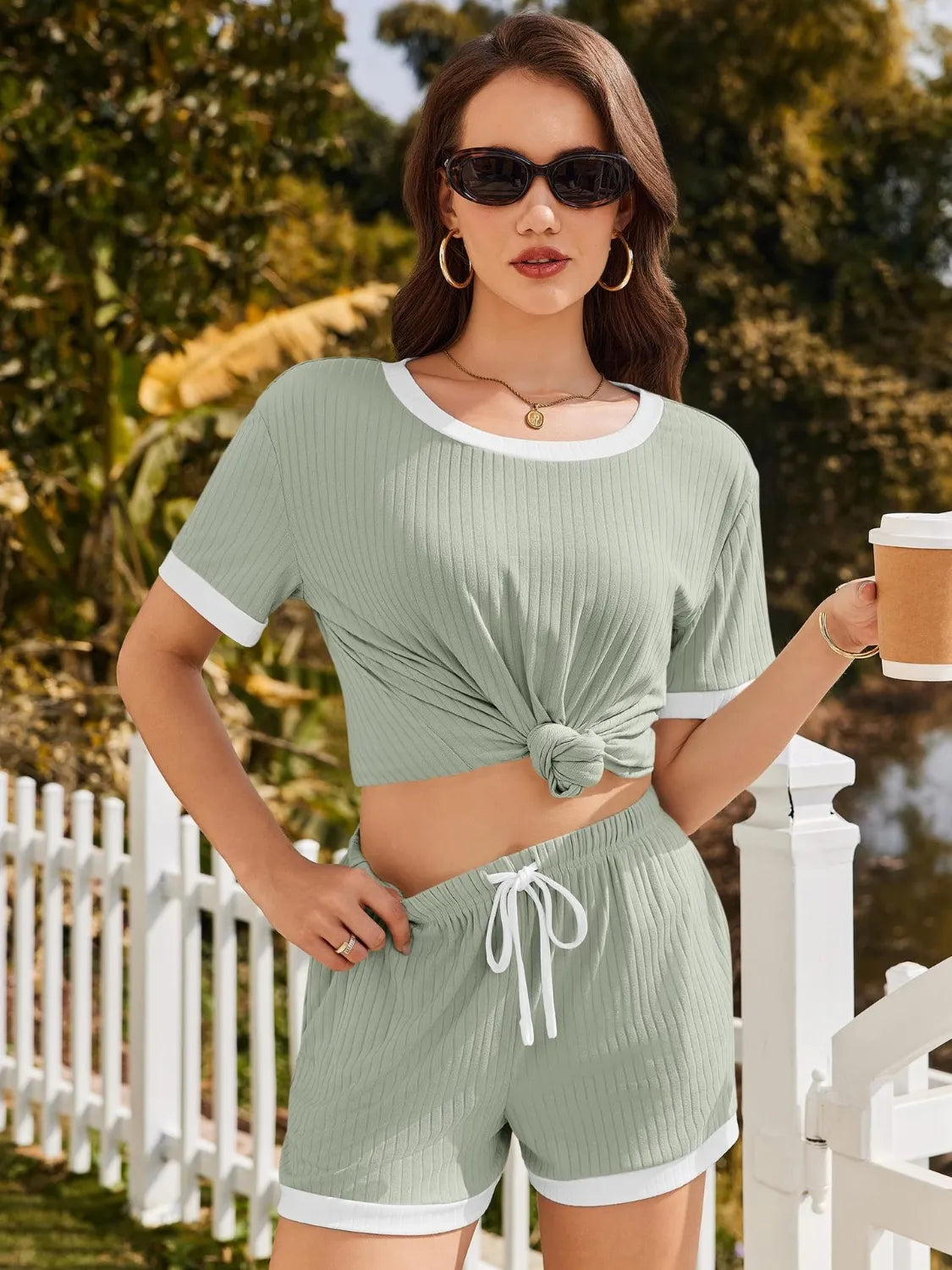 Ribbed Short Sleeve Top and Shorts Set Sage / S