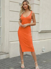 Ribbed Slit Sleeveless Knit Dress Orange / S