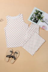 Ribbed Texture Checkered Print Tank and Pants Set