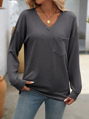Ribbed V-Neck Long Sleeve T-Shirt