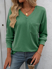 Ribbed V-Neck Long Sleeve T-Shirt