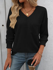 Ribbed V-Neck Long Sleeve T-Shirt
