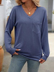 Ribbed V-Neck Long Sleeve T-Shirt