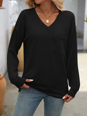 Ribbed V-Neck Long Sleeve T-Shirt