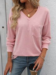 Ribbed V-Neck Long Sleeve T-Shirt