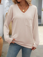 Ribbed V-Neck Long Sleeve T-Shirt