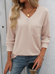 Ribbed V-Neck Long Sleeve T-Shirt Beige / S
