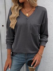 Ribbed V-Neck Long Sleeve T-Shirt Dark Gray / S