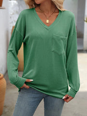 Ribbed V-Neck Long Sleeve T-Shirt Dark Green / S