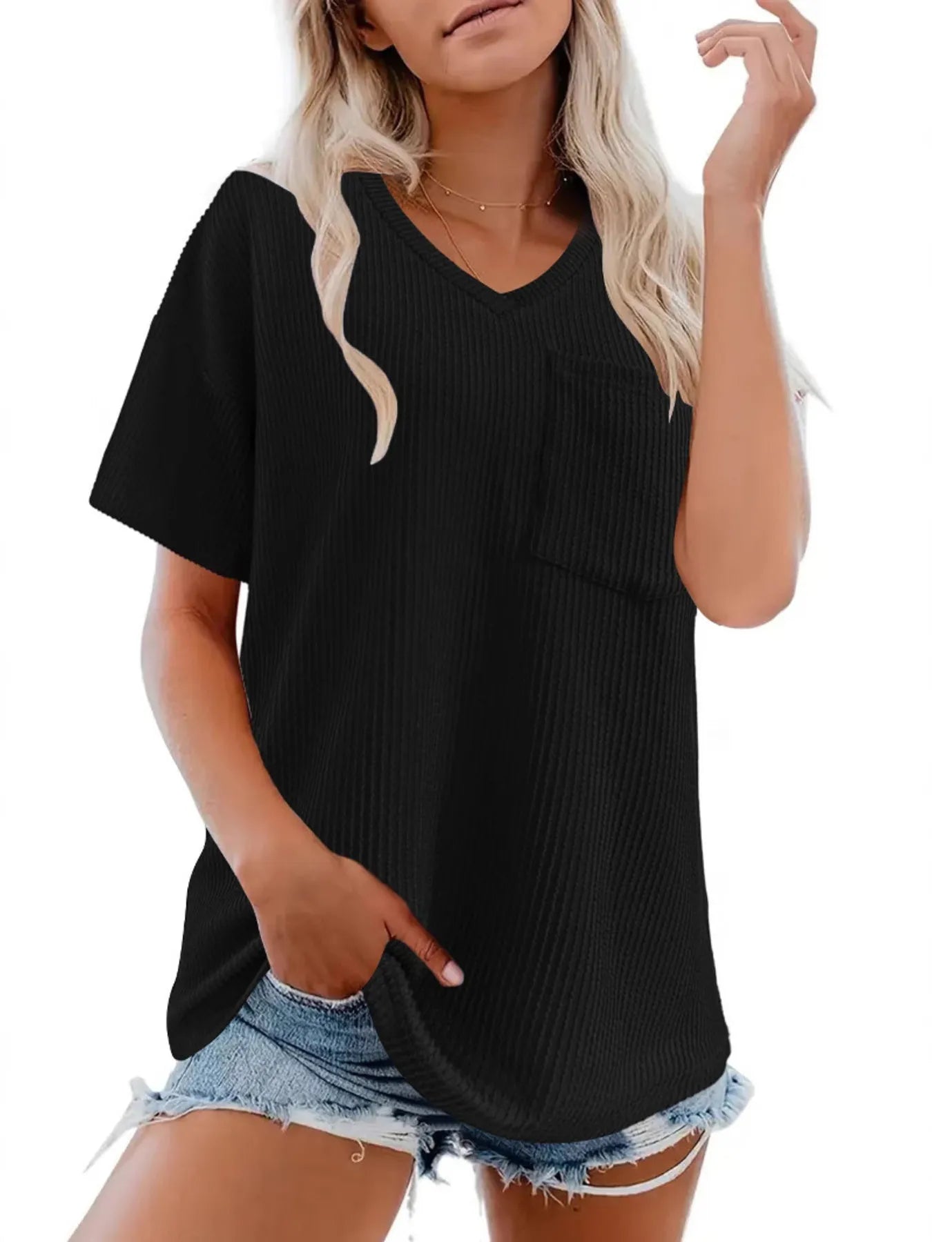 Ribbed V-Neck Oversized T-Shirt Black / S
