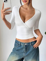 Ribbed Wrap Half Sleeve T-Shirt