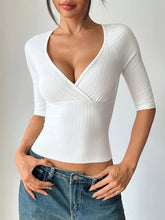 Ribbed Wrap Half Sleeve T-Shirt White / S