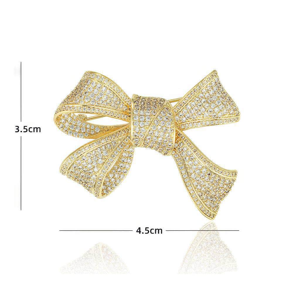 Ribbon Bow Detailed Rhinestone Embellished Brooch Gold