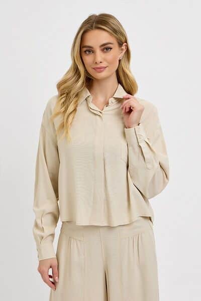 RISEN Button Down Long Sleeve Shirt Tan / S