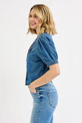 RISEN Button Down Puff Sleeve Crop Denim Shirt