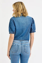 RISEN Button Down Puff Sleeve Crop Denim Shirt