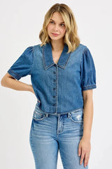 RISEN Button Down Puff Sleeve Crop Denim Shirt