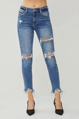 RISEN Distressed Frayed Hem Slim Jeans DARK / 0