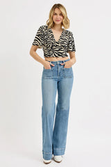 RISEN Full Size High Rise Wide Flare Patch Pocket Jeans Plus Size