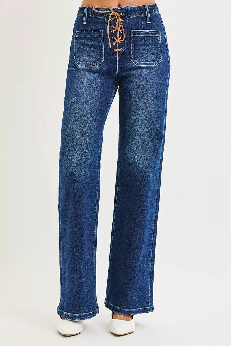 RISEN Full Size High Rise Wide Leg Jeans with Front Tie Detail Plus Size