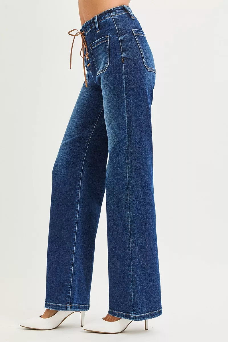 RISEN Full Size High Rise Wide Leg Jeans with Front Tie Detail Plus Size