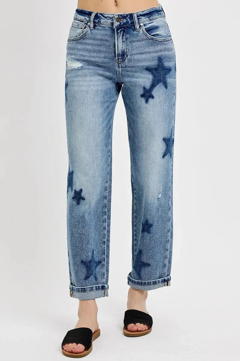RISEN Full Size Mid Rise Boyfriend Star Shadow Detail Cuffed Jeans Plus Size MEDIUM / 0