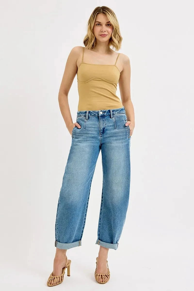 RISEN Full Size Mid Rise Fit Barrel Roll Up Jeans Plus Size MEDIUM / 0
