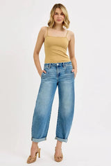 RISEN Full Size Mid Rise Fit Barrel Roll Up Jeans Plus Size MEDIUM / 0