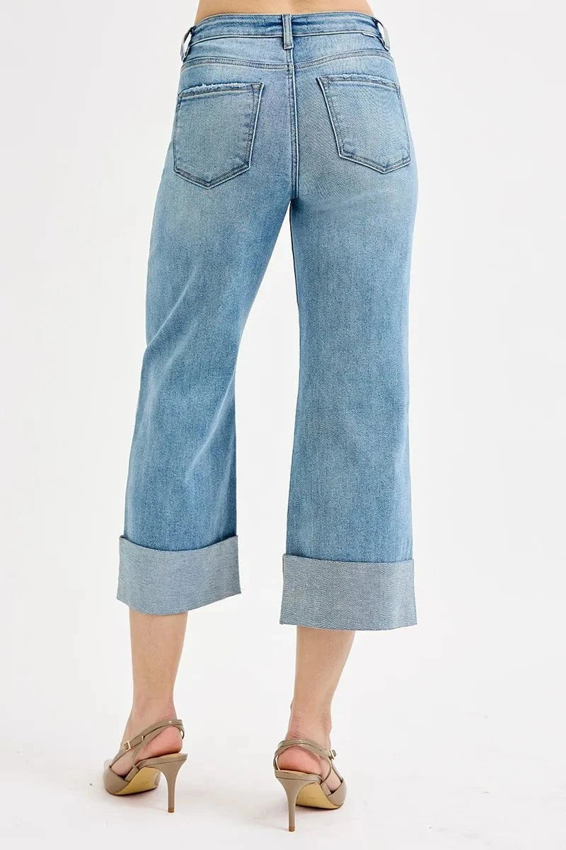 RISEN Full Size Tummy Control High Rise Ankle Wide Cuffed Jeans Plus Size