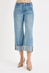 RISEN Full Size Tummy Control High Rise Ankle Wide Cuffed Jeans Plus Size