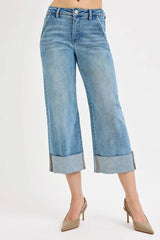 RISEN Full Size Tummy Control High Rise Ankle Wide Cuffed Jeans Plus Size MEDIUM / 0