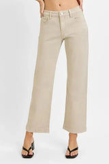 RISEN Full Size Tummy Control Mid Rise Ankle Straight Jeans Plus Size ALMOND / 0
